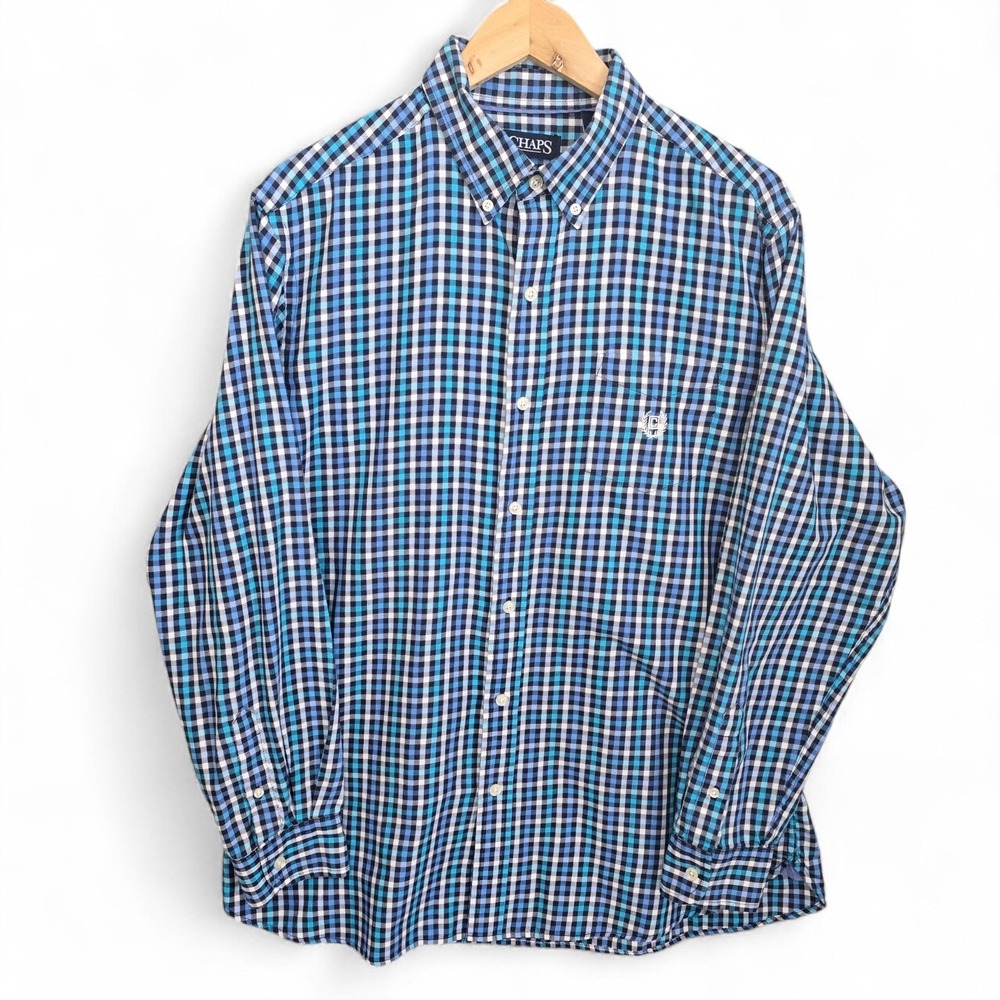 Chaps Shirt Mens Large Blue Button Down Performance‎ Check Cotton Blend Casual